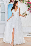 Belleza Una línea V-Neck Ivory Lace Vestido de novia largo con hendidura