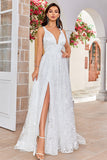 Belleza Una línea V-Neck Ivory Lace Vestido de novia largo con hendidura