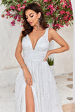 Belleza Una línea V-Neck Ivory Lace Vestido de novia largo con hendidura