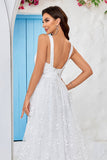 Belleza Una línea V-Neck Ivory Lace Vestido de novia largo con hendidura