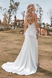 Ivory Boho satén simple sirena vestido de novia con hendidura