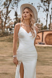 Ivory Boho satén simple sirena vestido de novia con hendidura