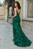 Elegante vestido de fiesta largo de sirena con tirantes de espagueti verde oscuro con apliques