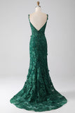 Vestido largo de fiesta de tirantes de espagueti de sirena verde oscuro con apliques