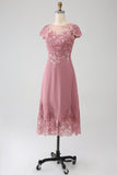 Dusty Rose A-Line Scoop Illusion Tea Length Madre De La Novia Vestido Con Lentejuelas