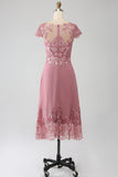 Dusty Rose A-Line Scoop Illusion Tea Length Madre De La Novia Vestido Con Lentejuelas