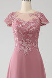 Dusty Rose A-Line Scoop Illusion Tea Length Madre De La Novia Vestido Con Lentejuelas