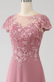 Dusty Rose A-Line Scoop Illusion Tea Length Madre De La Novia Vestido Con Lentejuelas