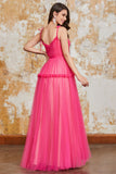 Princess A Line Spaghetti Straps Fuchsia Vestido Largo De Graduación Con Volantes