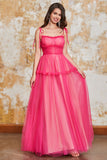 Princess A Line Spaghetti Straps Fuchsia Vestido Largo De Graduación Con Volantes