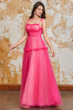 Princess A Line Spaghetti Straps Fuchsia Vestido Largo De Graduación Con Volantes