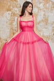 Princess A Line Spaghetti Straps Fuchsia Vestido Largo De Graduación Con Volantes