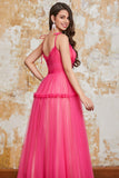 Princess A Line Spaghetti Straps Fuchsia Vestido Largo De Graduación Con Volantes