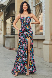 Vestido de fiesta de sirena bordado con flores negras con abertura lateral