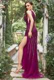 Vestido de fiesta largo con cuentas de color morado oscuro y un hombro de sirena con abertura