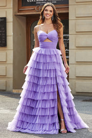 Vestido de fiesta largo de tul de tul de una línea púrpura escalonada con abertura