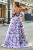 Precioso vestido de fiesta largo con estampado lavanda de una línea con hombros descubiertos y volantes