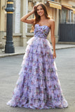 Precioso vestido de fiesta largo con estampado lavanda de una línea con hombros descubiertos y volantes