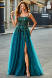 Precioso vestido de fiesta largo verde oscuro con tirantes de espagueti de una línea con apliques