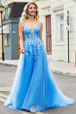 Precioso vestido de fiesta largo azul con tirantes de espagueti de una línea con apliques