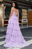 Princesa púrpura Una línea de tirantes de espagueti Corsé Vestido de fiesta con apliques volantes