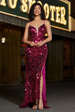 Tirantes de espagueti Vestido largo de fiesta de lentejuelas de sirena brillante de color rosa intenso con abertura