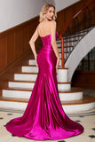 Vestido de fiesta corsé fucsia de sirena brillante con abertura