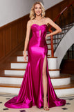 Vestido de fiesta corsé fucsia de sirena brillante con abertura