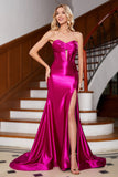 Vestido de fiesta corsé fucsia de sirena brillante con abertura