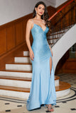 Vestido de fiesta de sirena brillante largo con cuentas azules con abertura